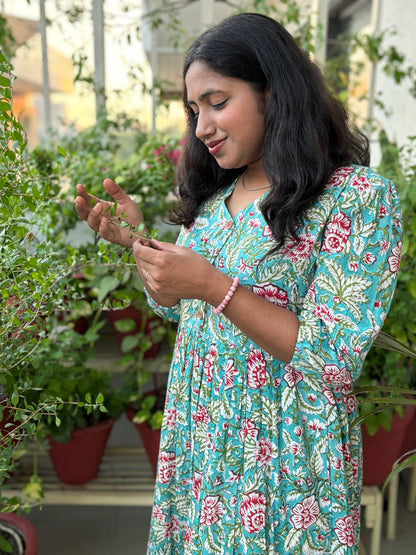 Turquoise Floral Block Printed COTTON Dress