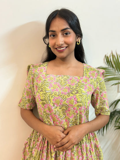 Pink Floral Garden Block Printed Tiered Dress