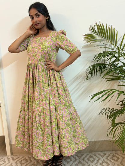 Pink Floral Garden Block Printed Tiered Dress