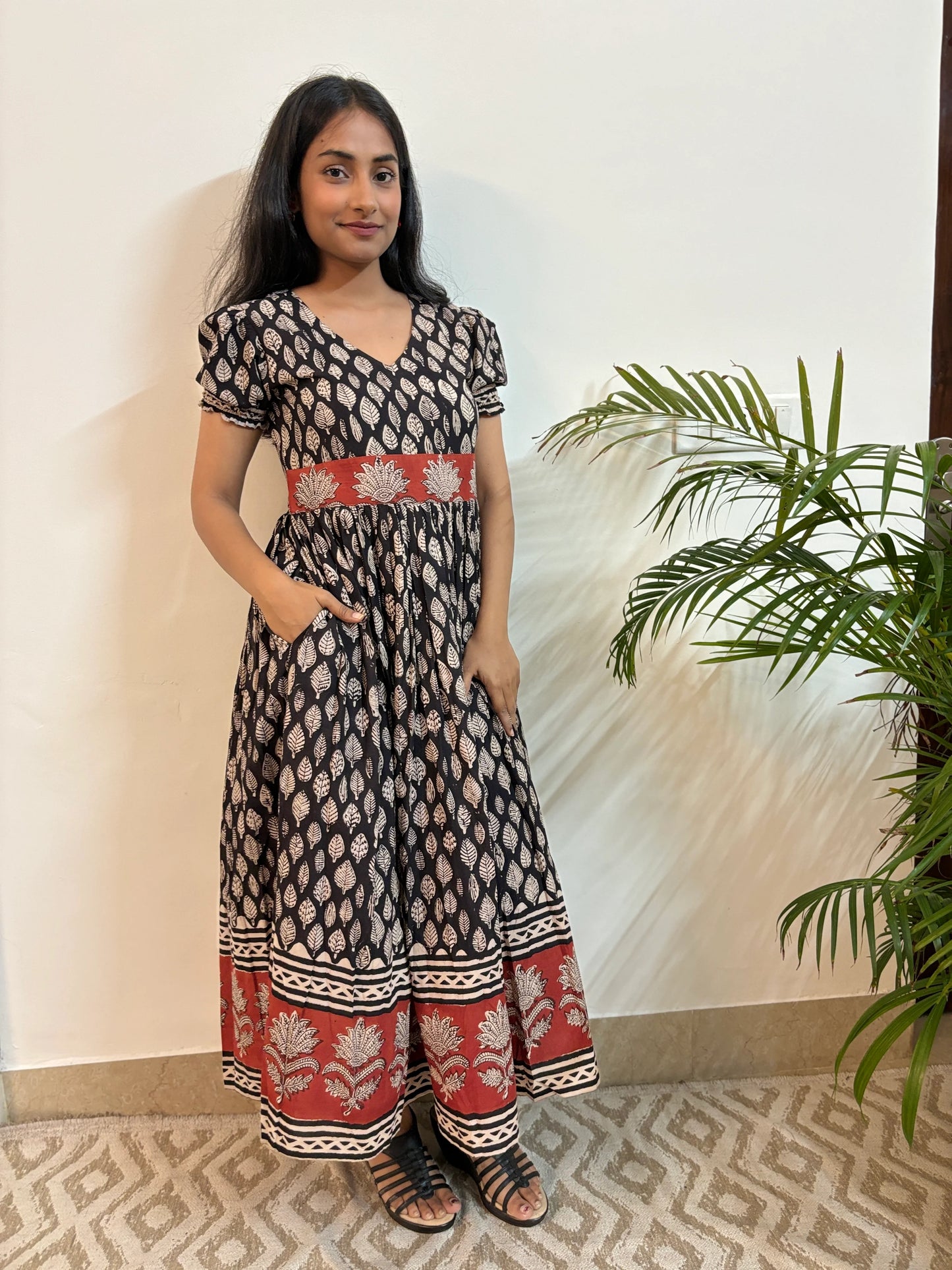 Ajrakh Black Leaf Block Printed COTTON Dress