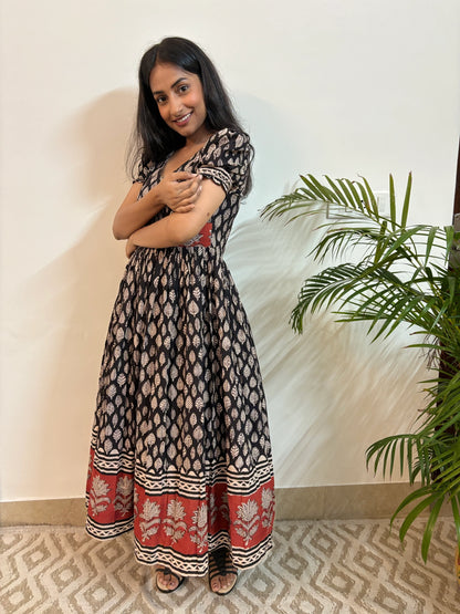 Ajrakh Black Leaf Block Printed COTTON Dress