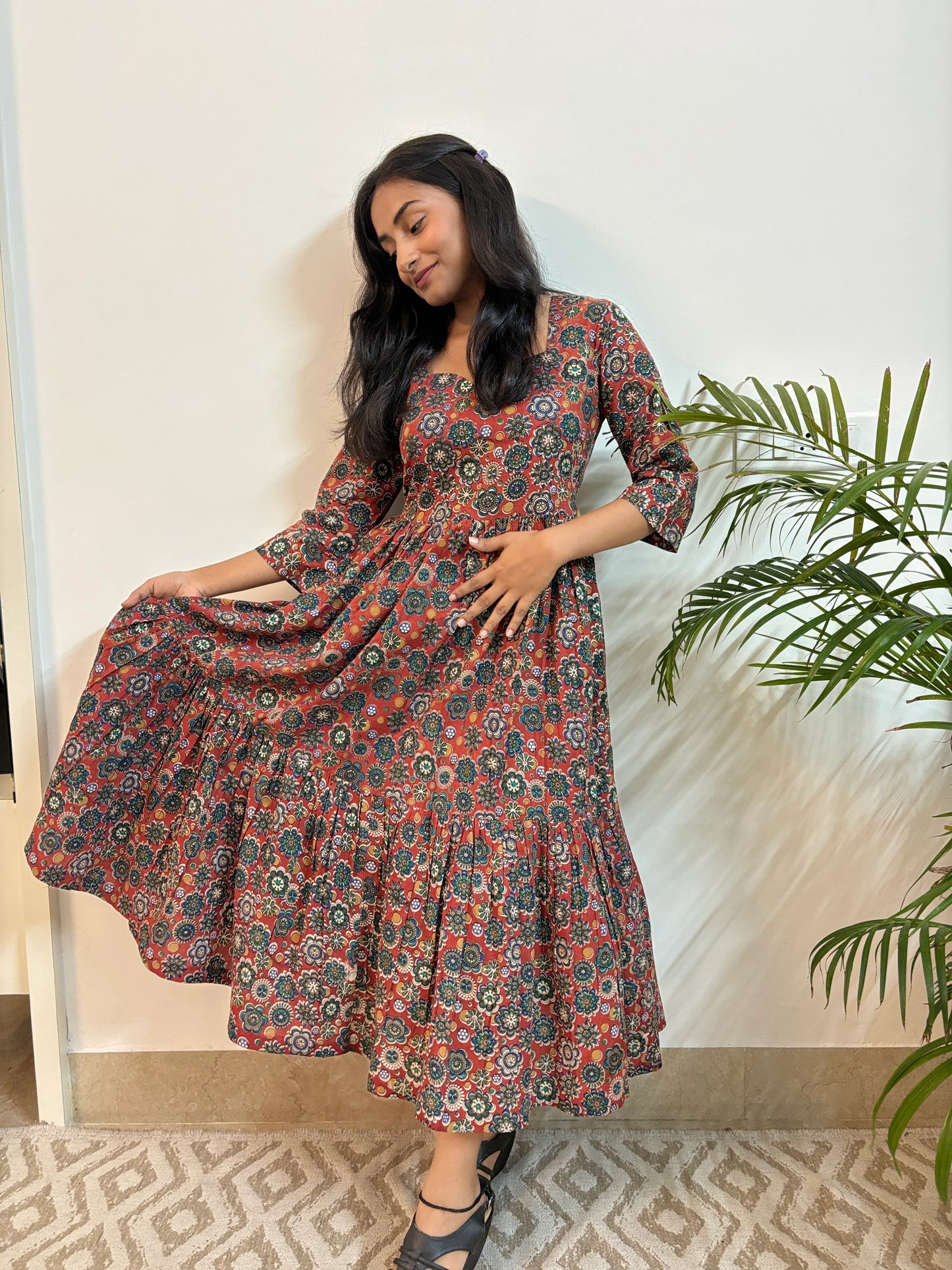 Maroon Multi Floral COTTON Tiered Dress