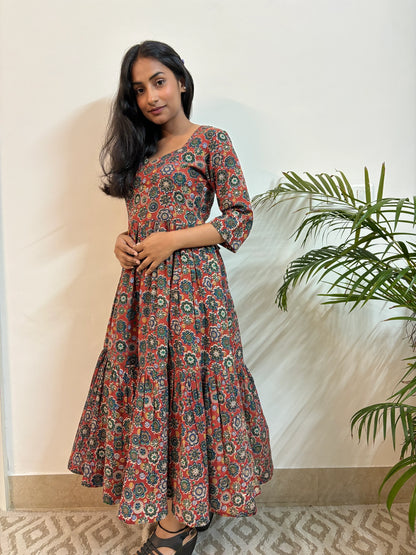 Maroon Multi Floral COTTON Tiered Dress