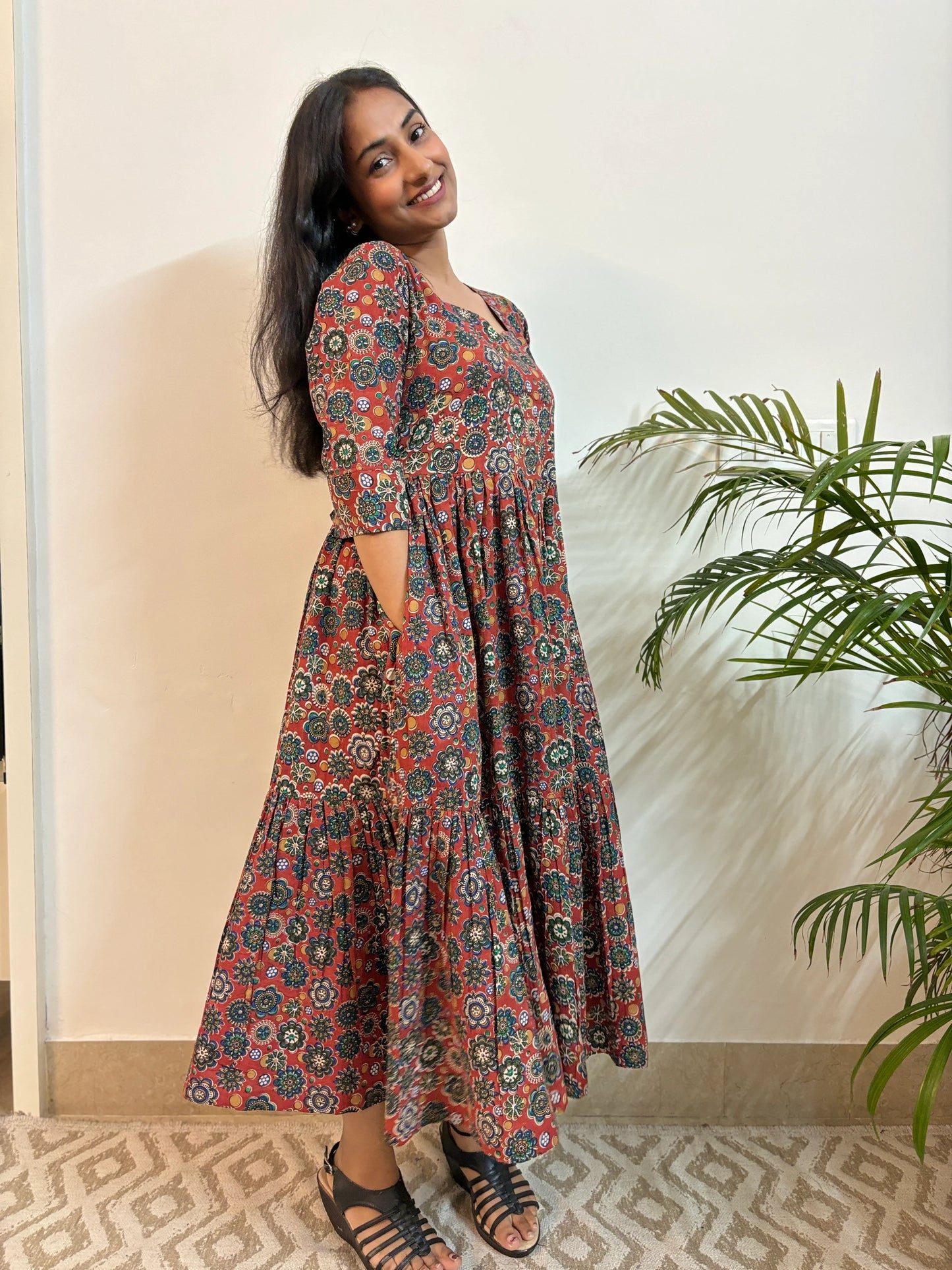 Maroon Multi Floral COTTON Tiered Dress