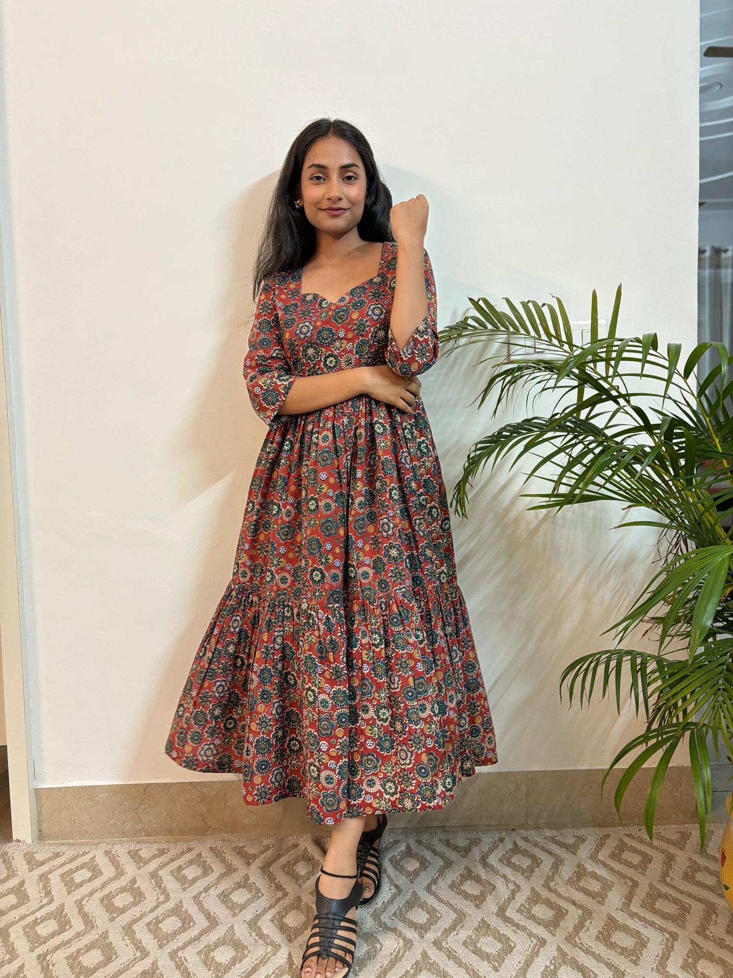 Maroon Multi Floral COTTON Tiered Dress