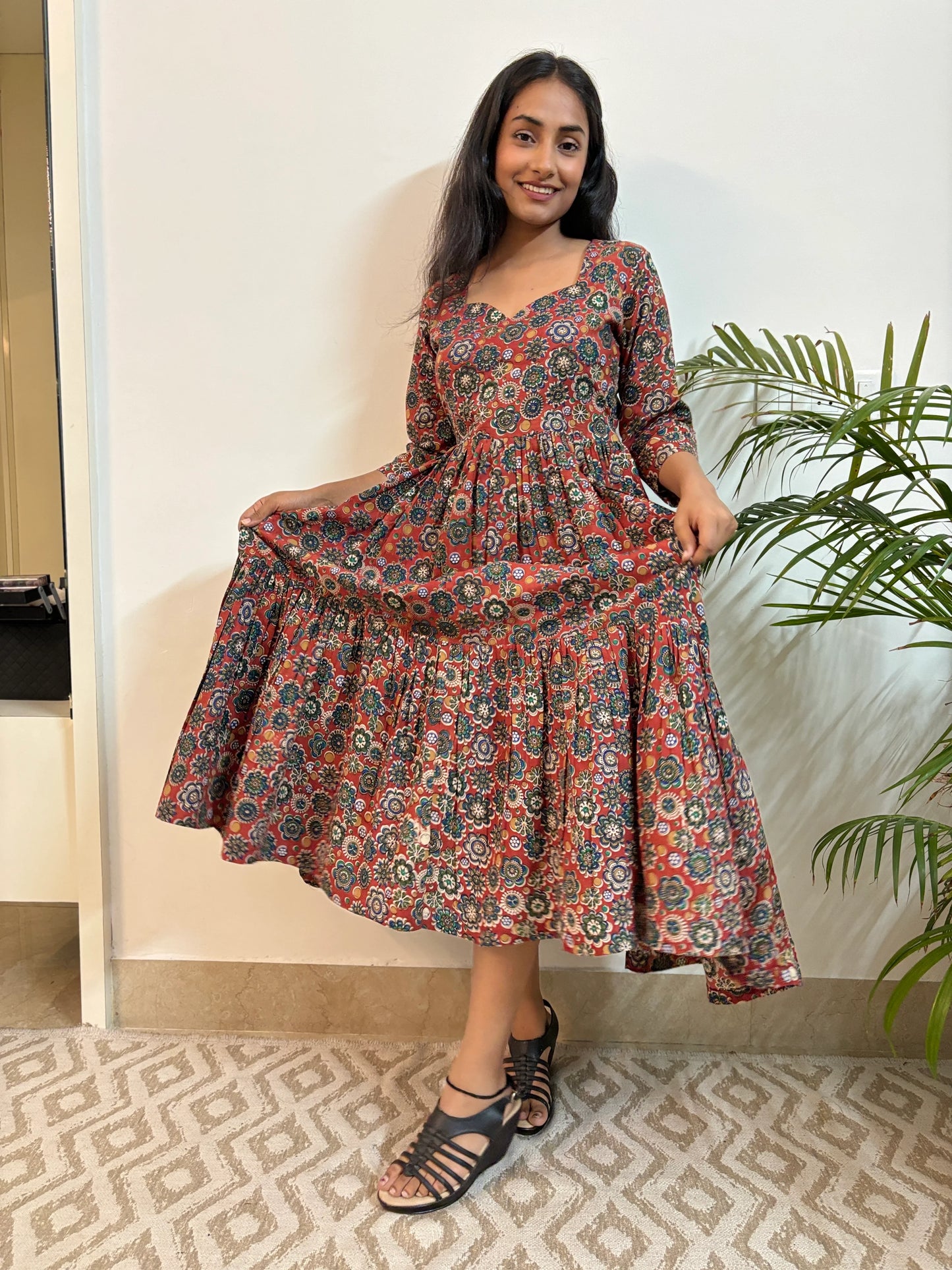 Maroon Multi Floral COTTON Tiered Dress