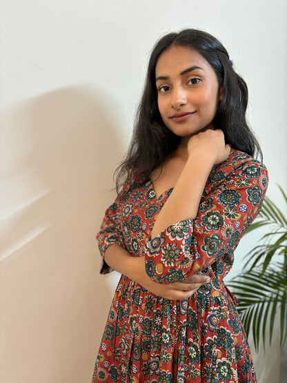 Maroon Multi Floral COTTON Tiered Dress