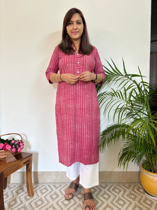 Deep Pink Striped Collar Kurta