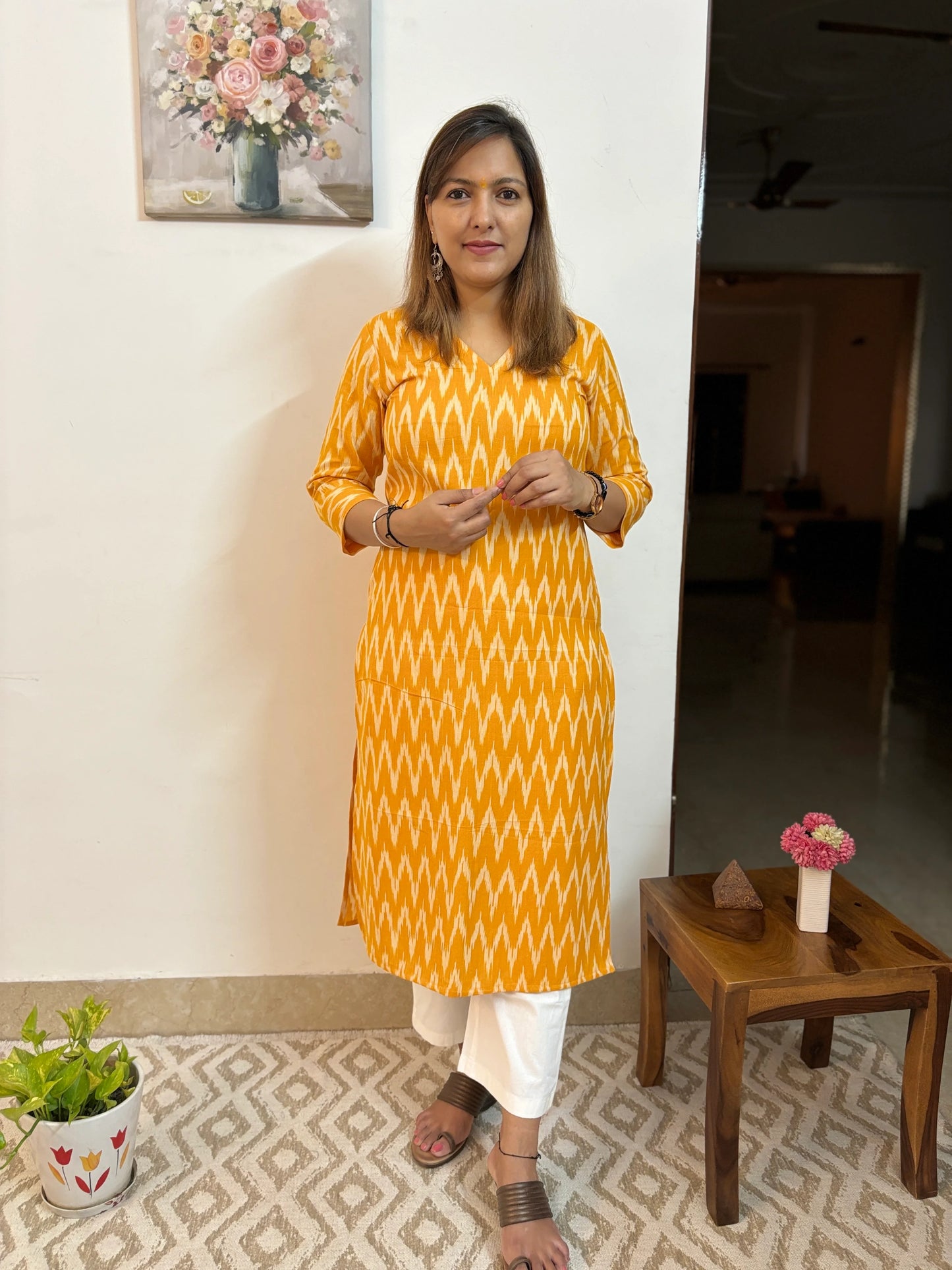 Yellow Zigzag Ikkat Handloom Cotton Kurta