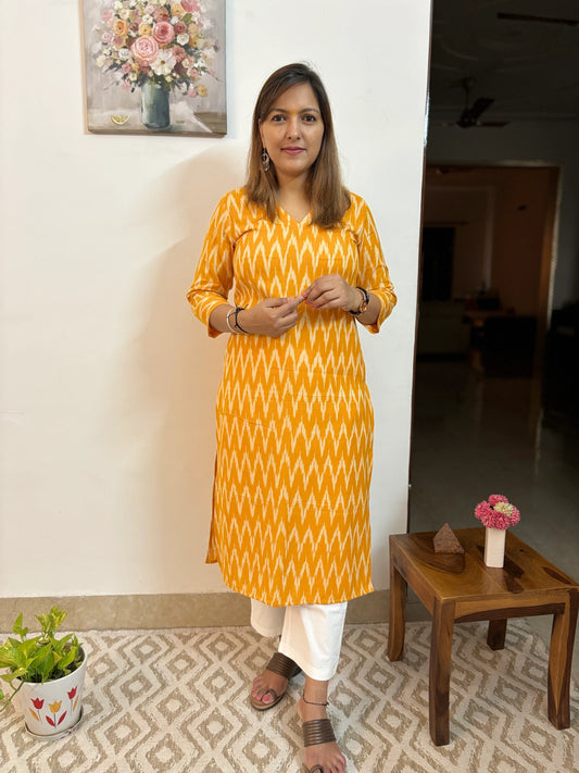 Yellow Zigzag Ikkat Handloom Cotton Kurta