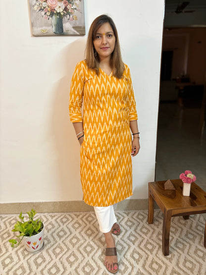 Yellow Zigzag Ikkat Handloom Cotton Kurta