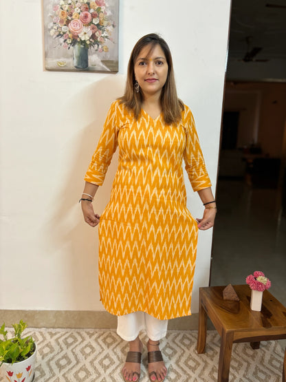 Yellow Zigzag Ikkat Handloom Cotton Kurta