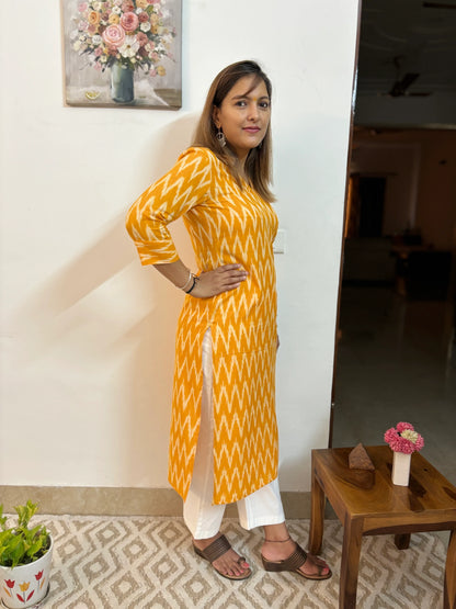 Yellow Zigzag Ikkat Handloom Cotton Kurta