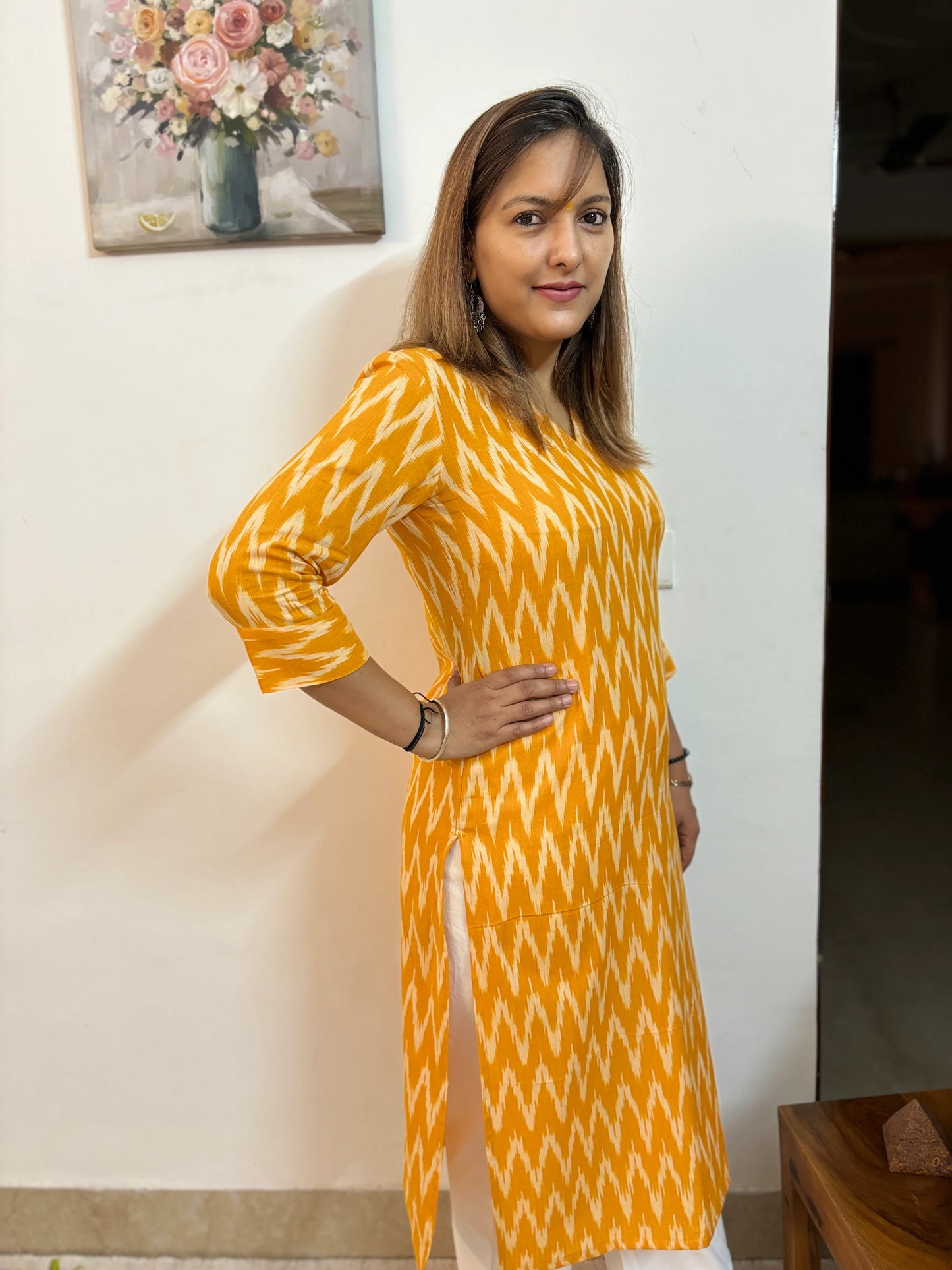 Yellow Zigzag Ikkat Handloom Cotton Kurta