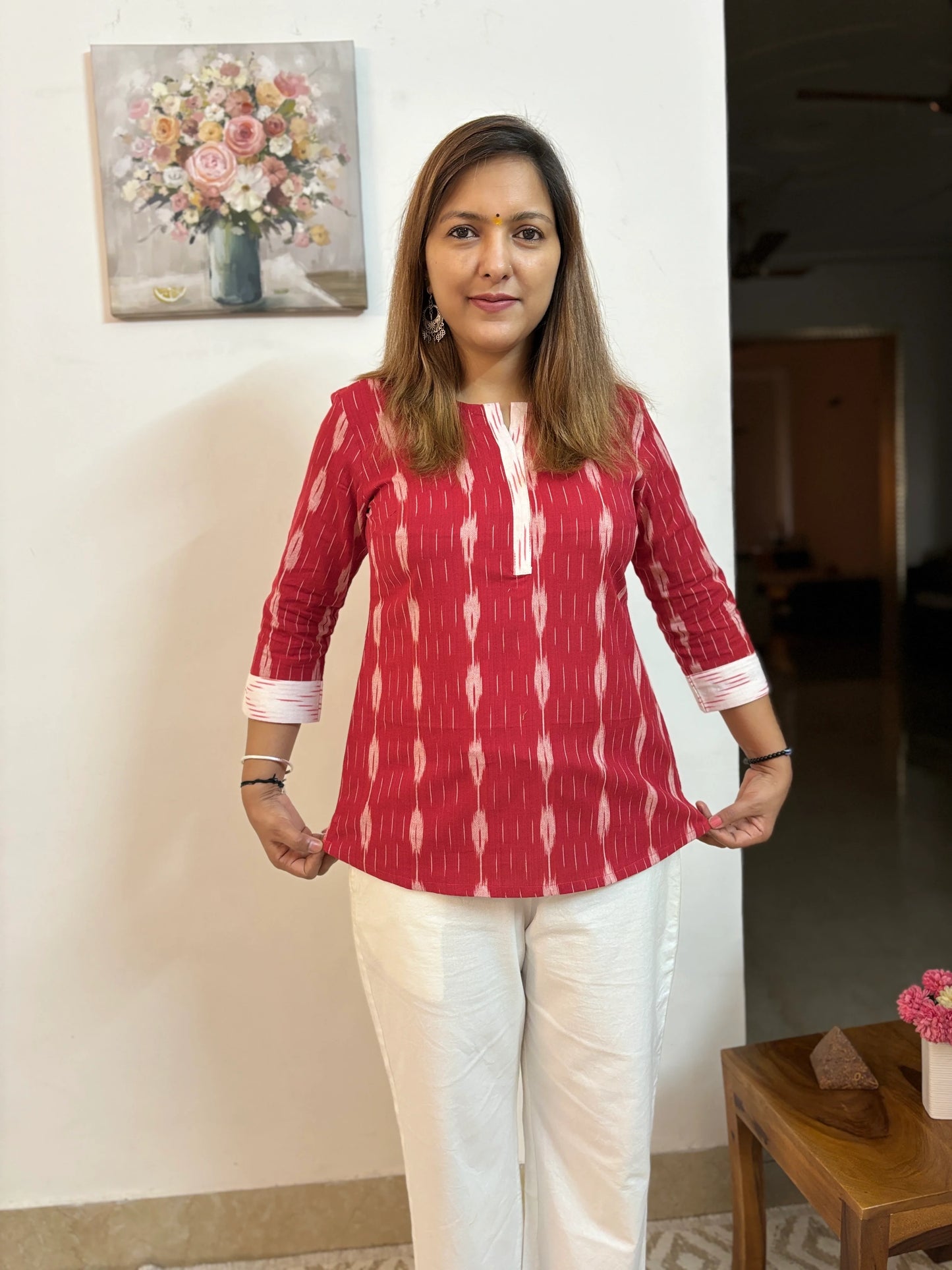 Ikkat Red Short Kurti