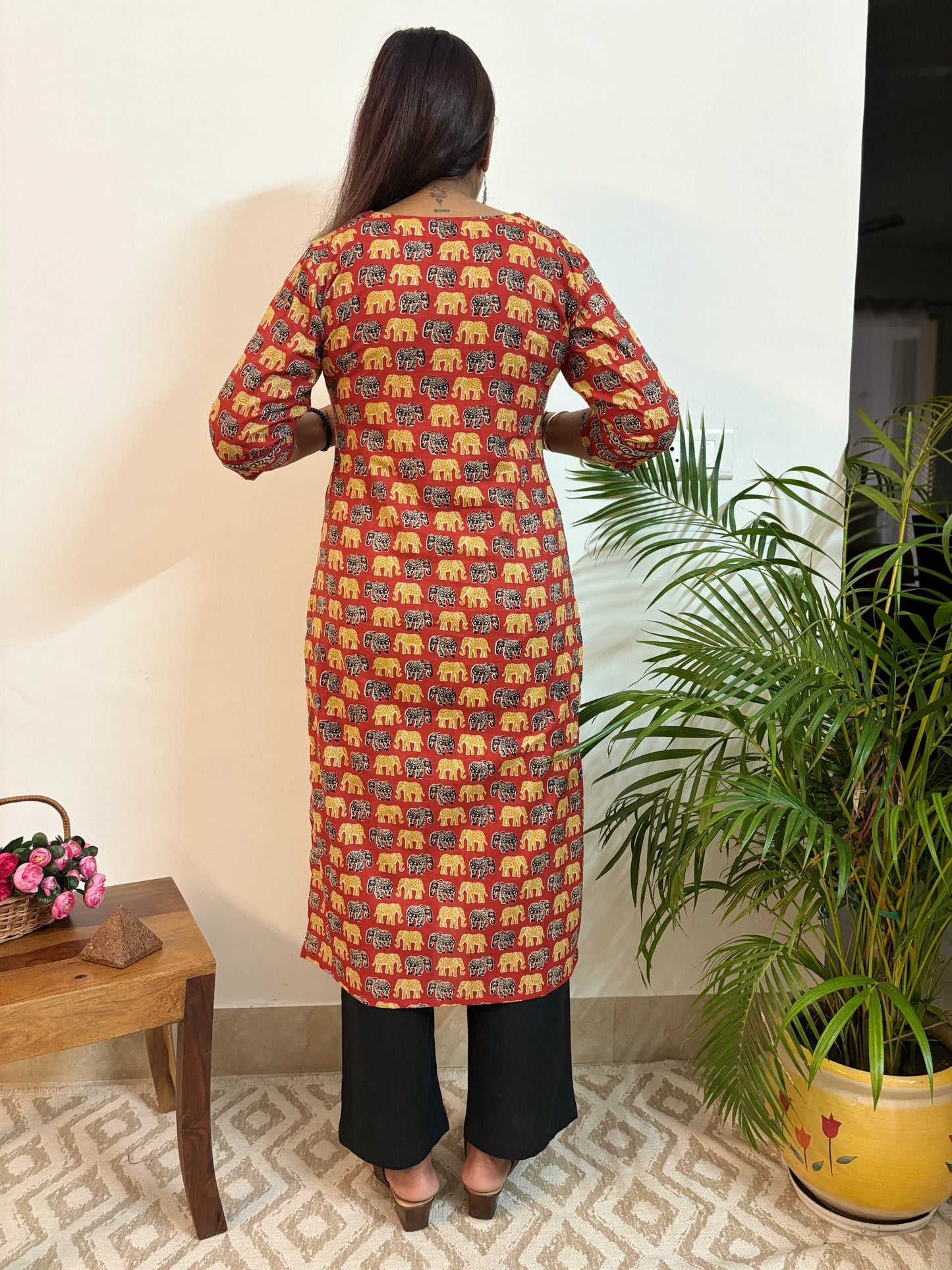 Black n Golden Elephants Cotton Kurta