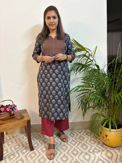 Navy Blue Kantha COTTON Yoke Kurta