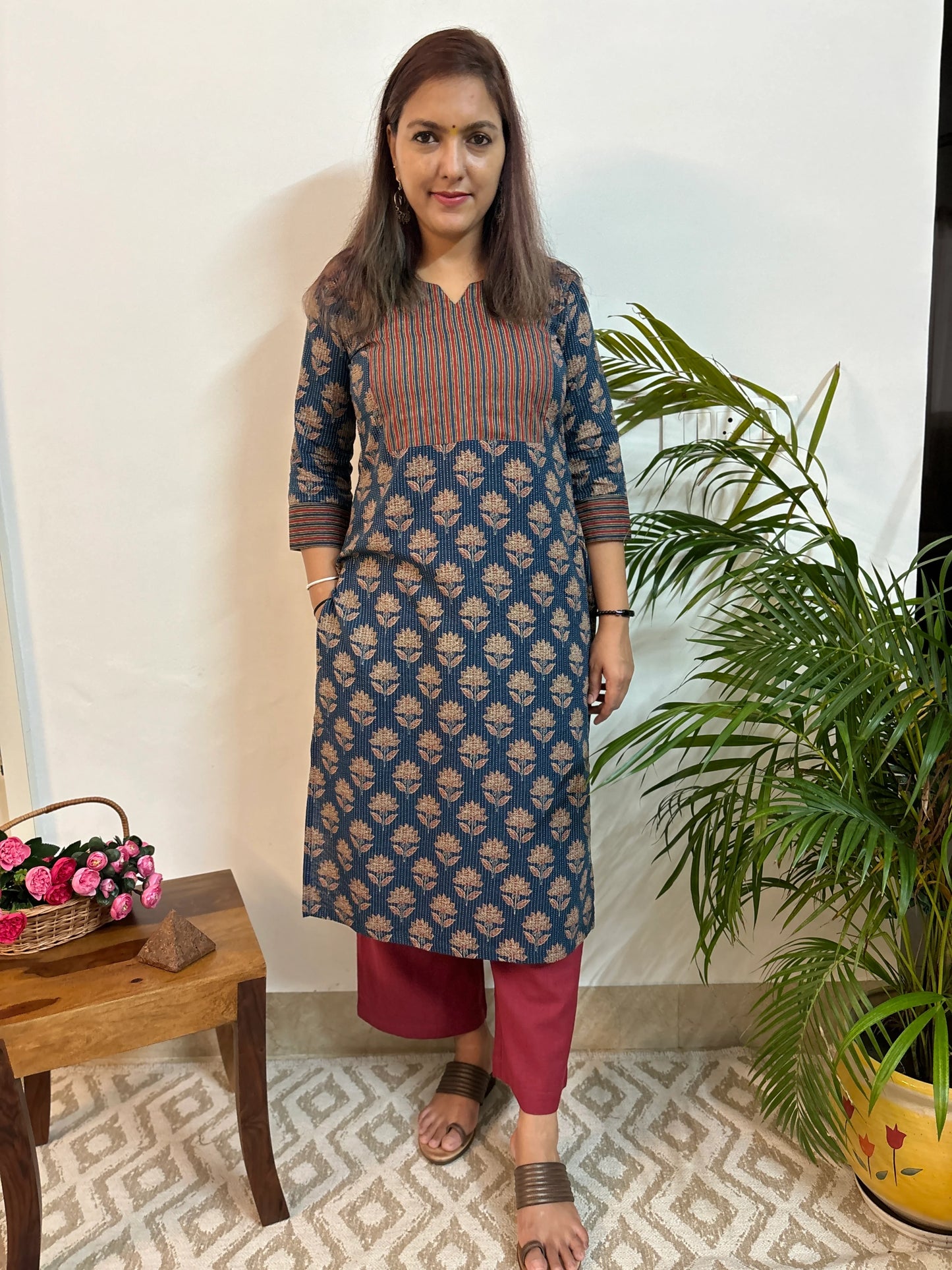 Navy Blue Kantha COTTON Yoke Kurta