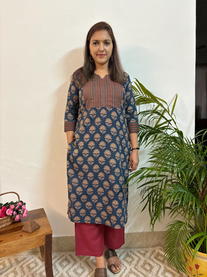 Navy Blue Kantha COTTON Yoke Kurta