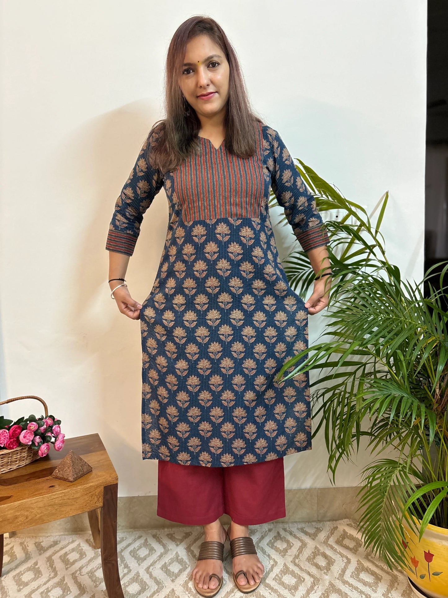 Navy Blue Kantha COTTON Yoke Kurta