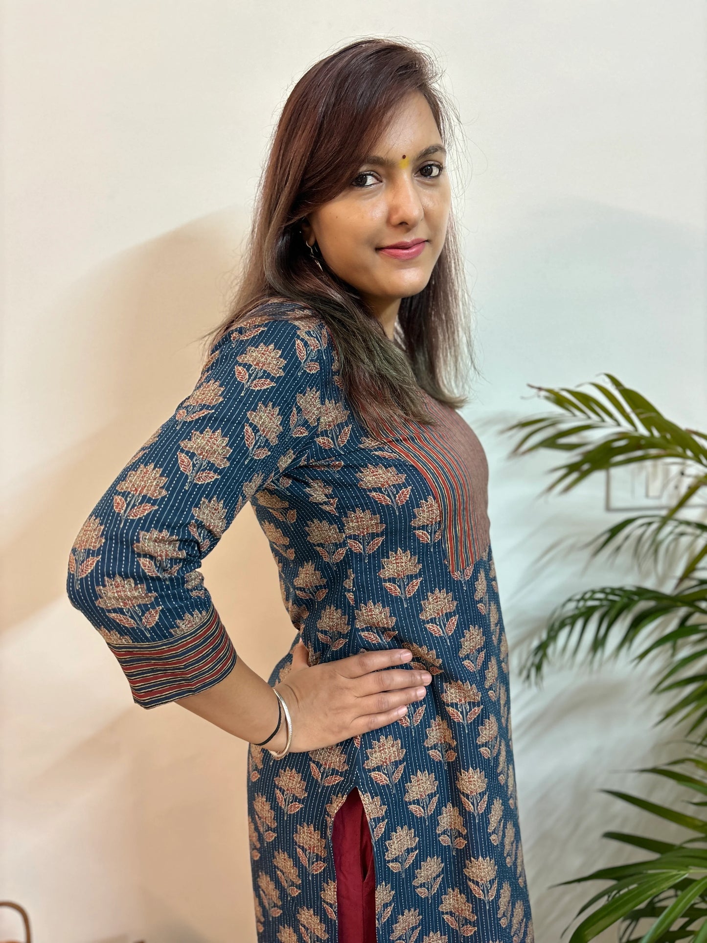 Navy Blue Kantha COTTON Yoke Kurta