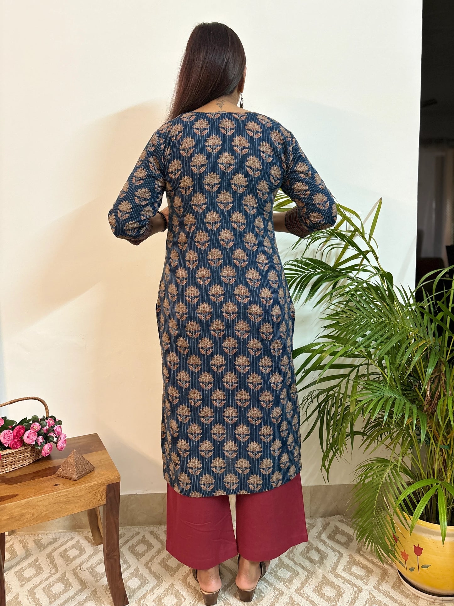 Navy Blue Kantha COTTON Yoke Kurta