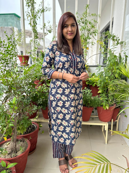 Navy Blue Floral COTTON Collar Coord Set