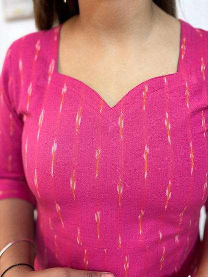 Ikkat Handloom Cotton Magenta A-Line Dress