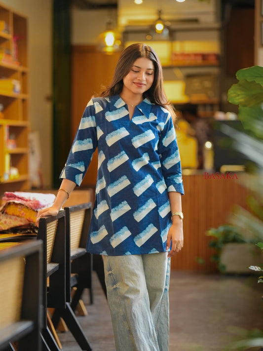 Indigo Blue Ice Cream Block Printed Short Kurti