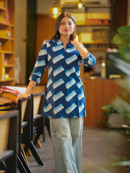 Indigo Blue Ice Cream Block Printed Short Kurti