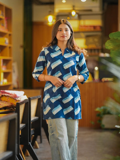 Indigo Blue Ice Cream Block Printed Short Kurti