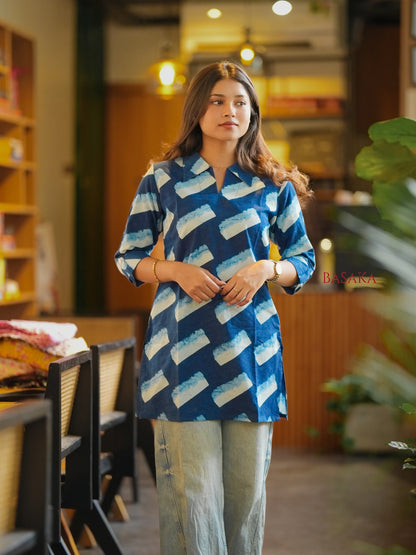 Indigo Blue Ice Cream Block Printed Short Kurti