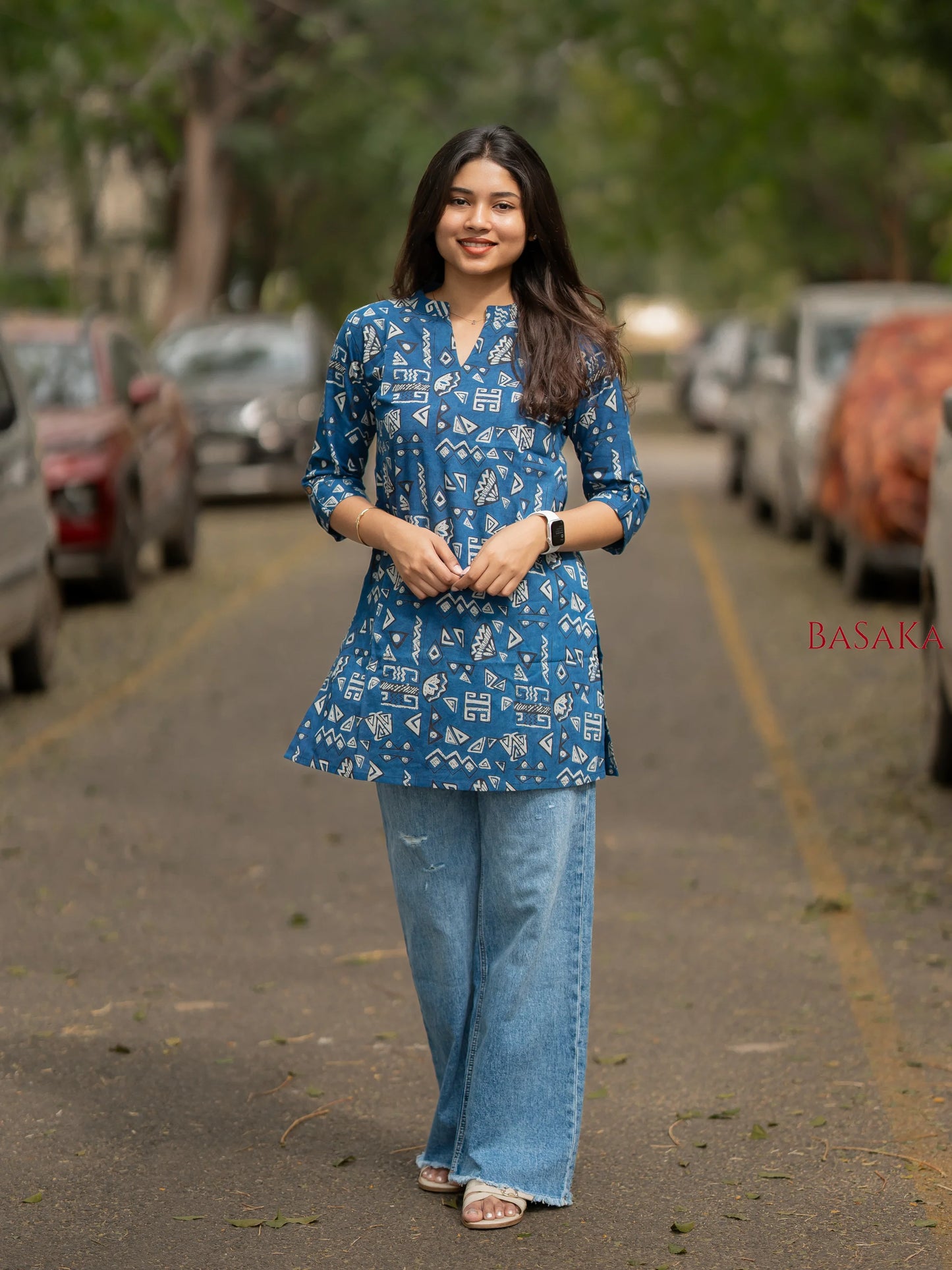Indigo Geometric Breeze Cotton Short Kurti