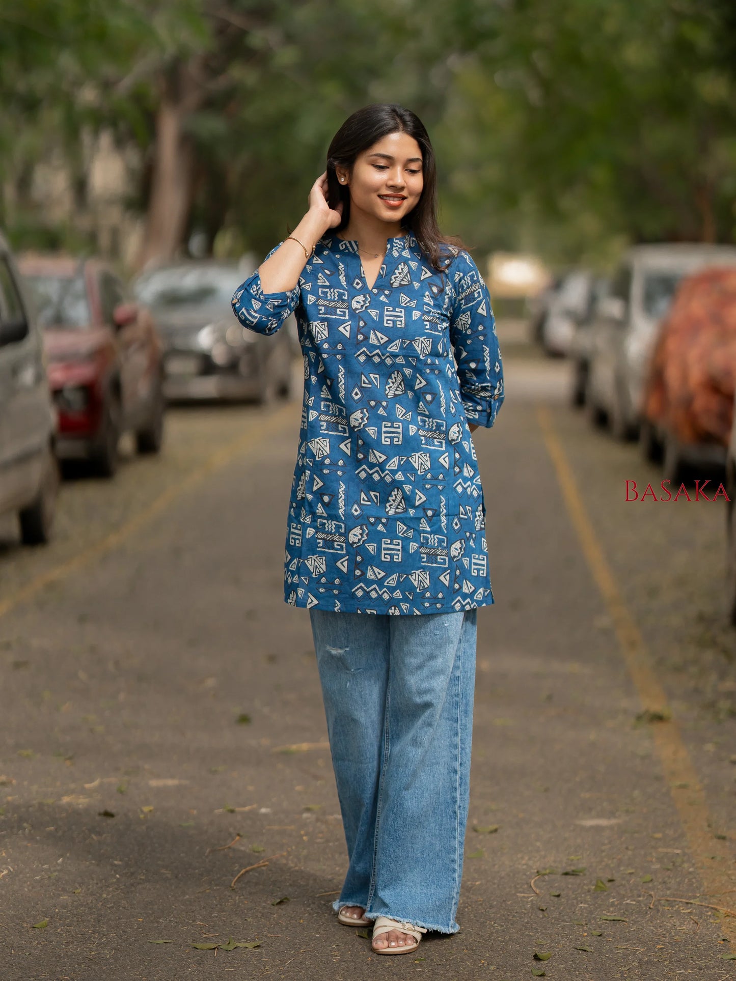 Indigo Geometric Breeze Cotton Short Kurti