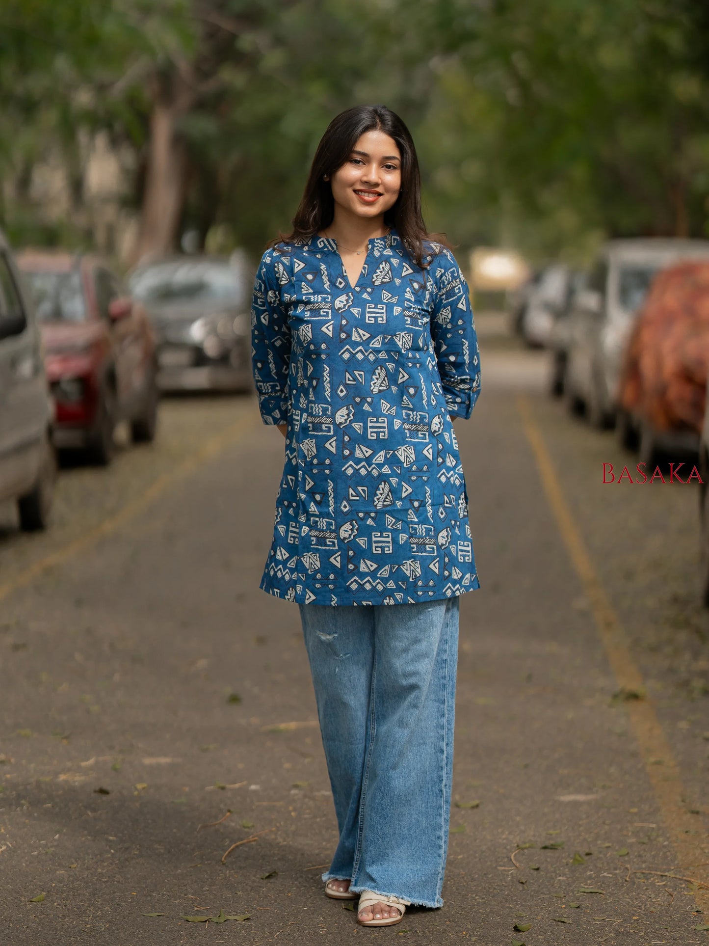 Indigo Geometric Breeze Cotton Short Kurti