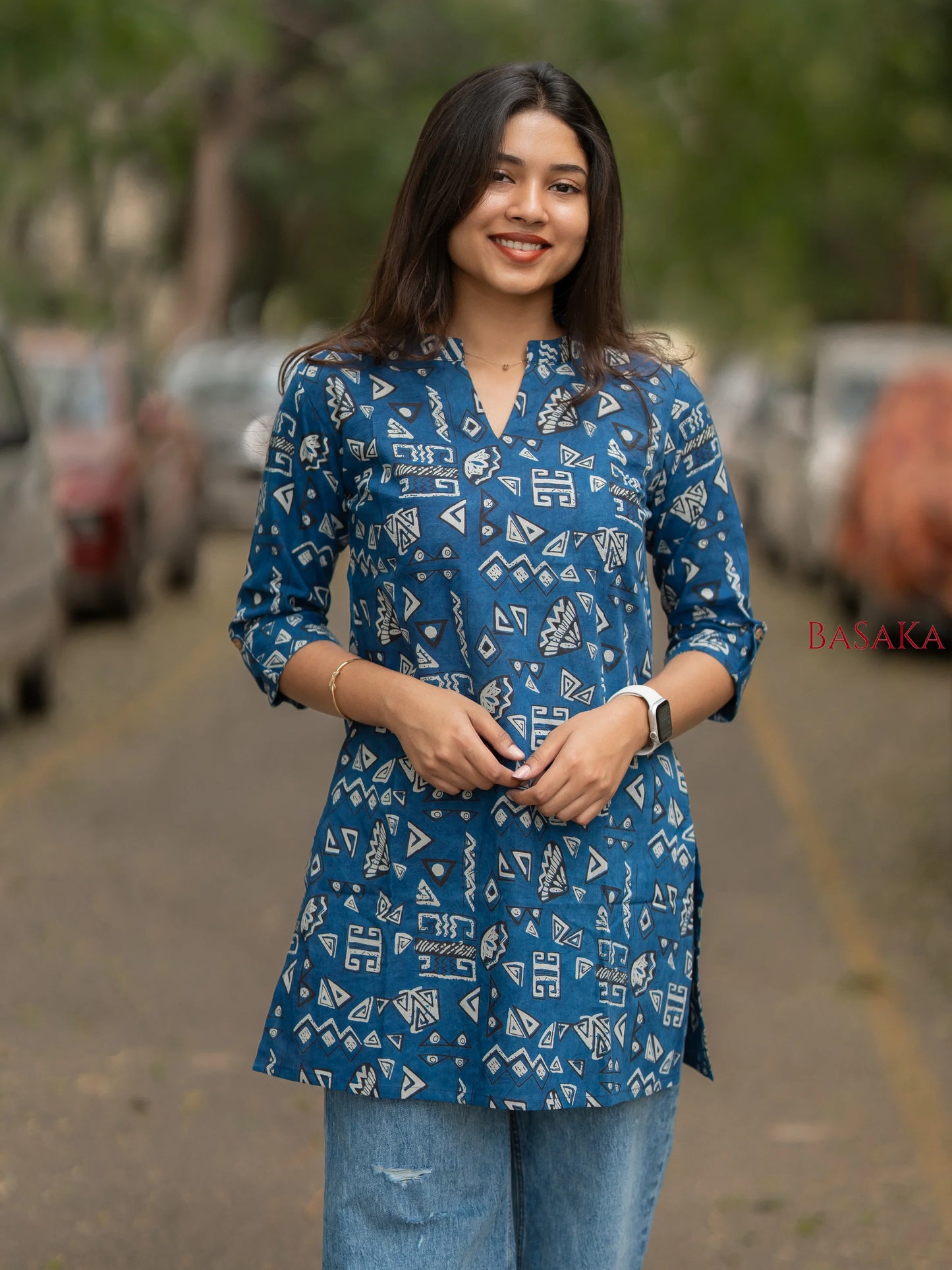 Indigo Geometric Breeze Cotton Short Kurti