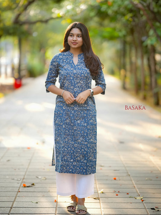 Indigo Grey Floral Block Printed COTTON Kurta