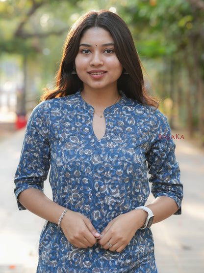 Indigo Grey Floral Block Printed COTTON Kurta