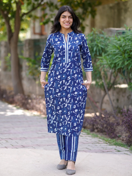 Indigo Leaf Block Printed Kurta Set