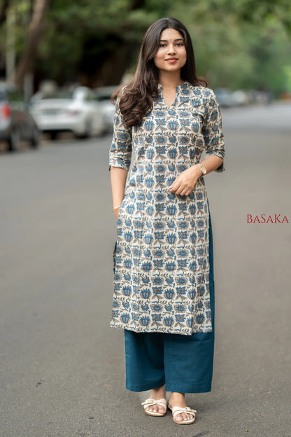 Indigo Blue Lotus Block Printed Cotton Kurta