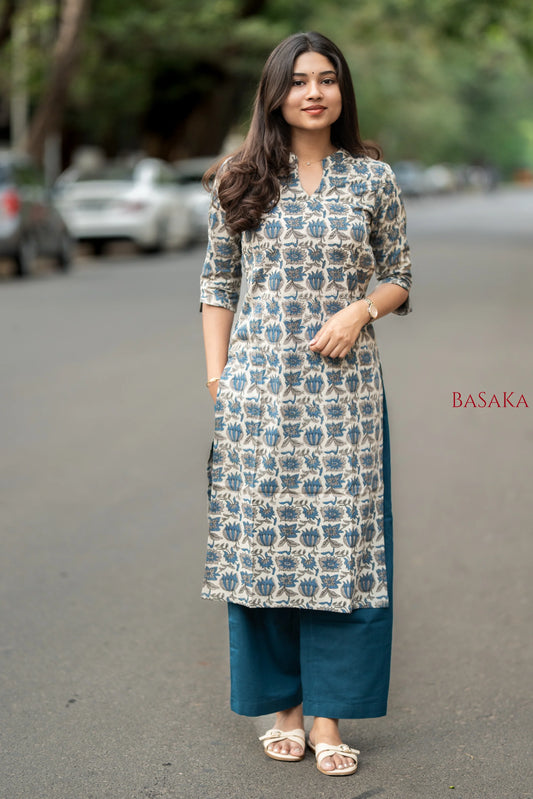 Indigo Blue Lotus Block Printed Cotton Kurta