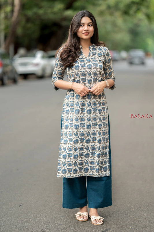 Indigo Blue Lotus Block Printed Cotton Kurta