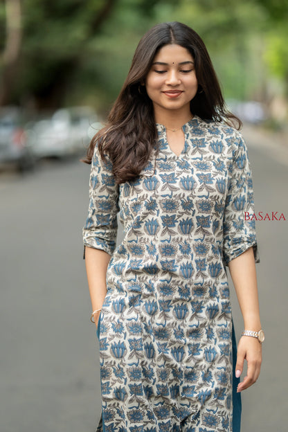 Indigo Blue Lotus Block Printed Cotton Kurta