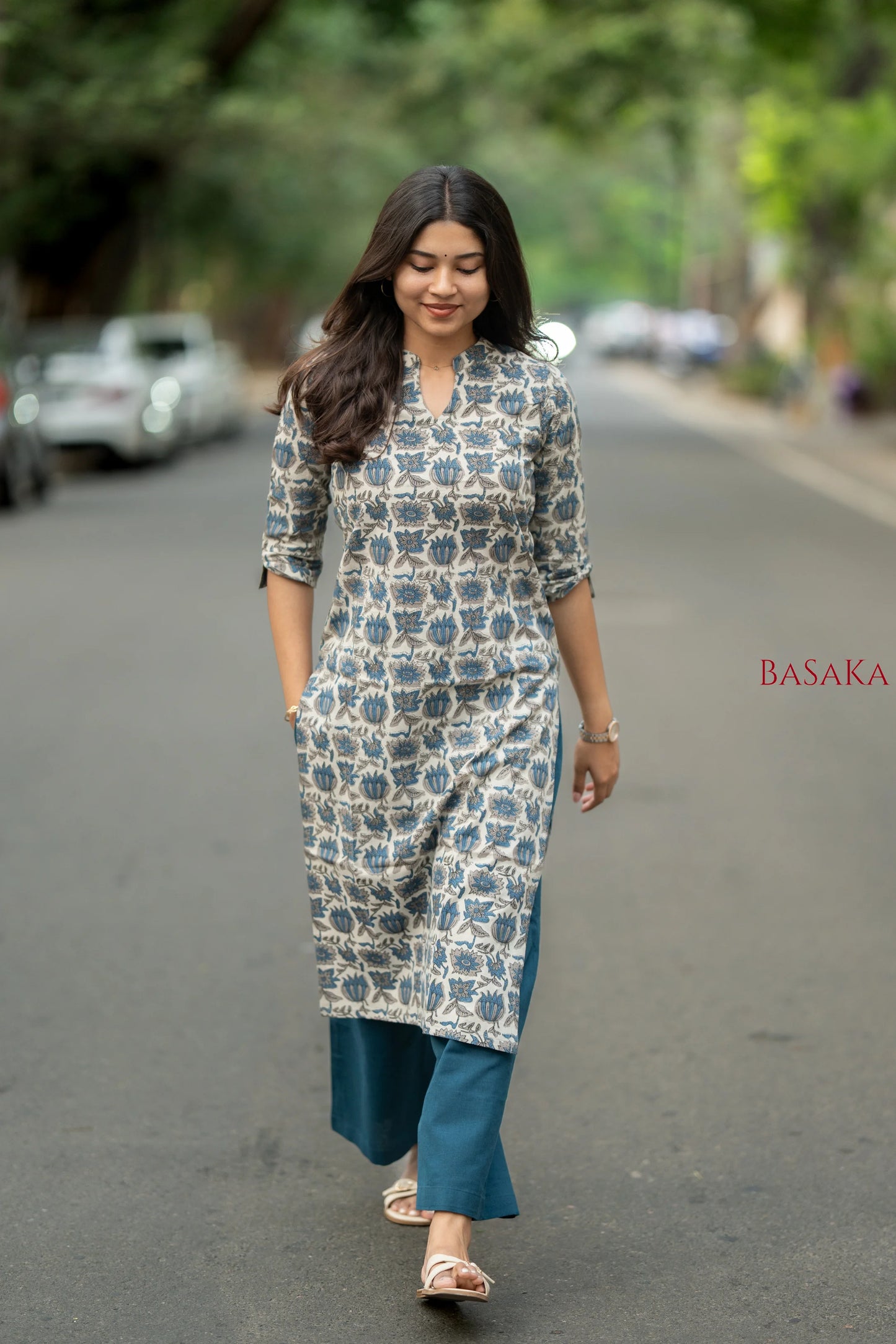 Indigo Blue Lotus Block Printed Cotton Kurta