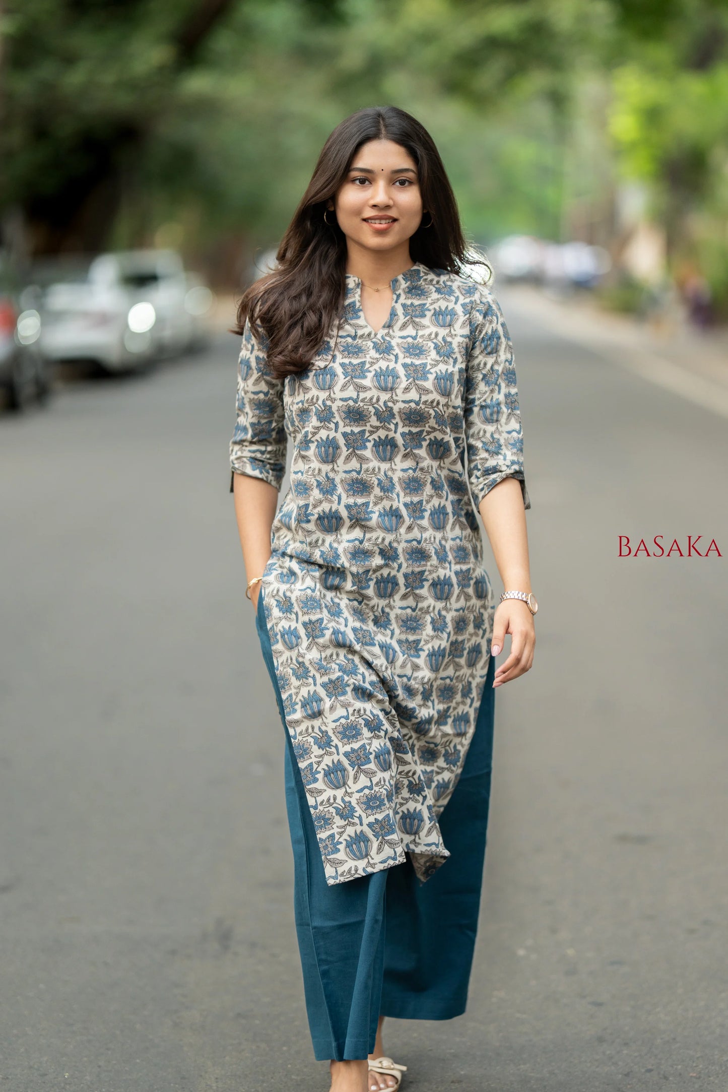 Indigo Blue Lotus Block Printed Cotton Kurta