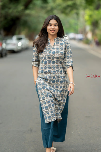 Indigo Blue Lotus Block Printed Cotton Kurta