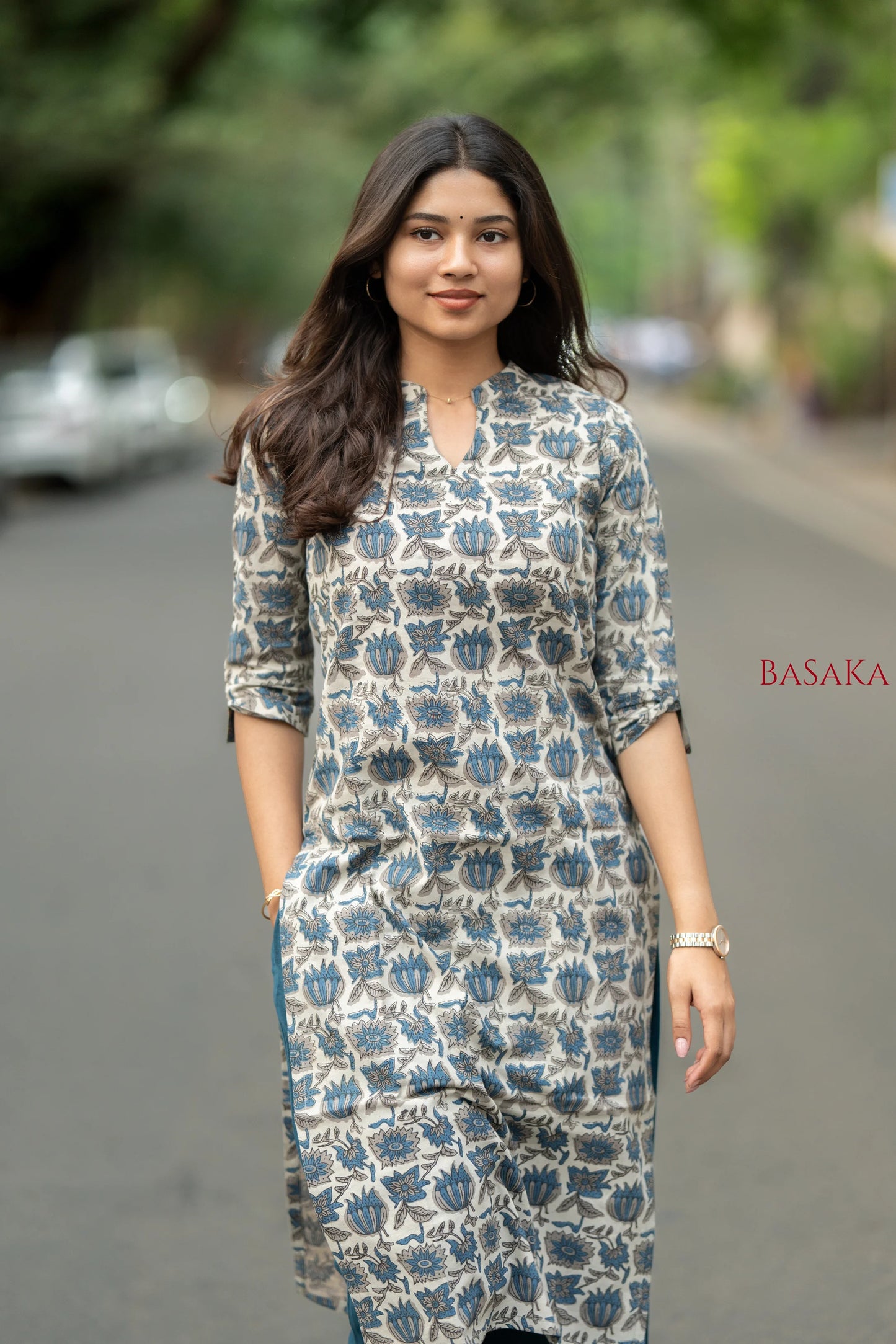 Indigo Blue Lotus Block Printed Cotton Kurta