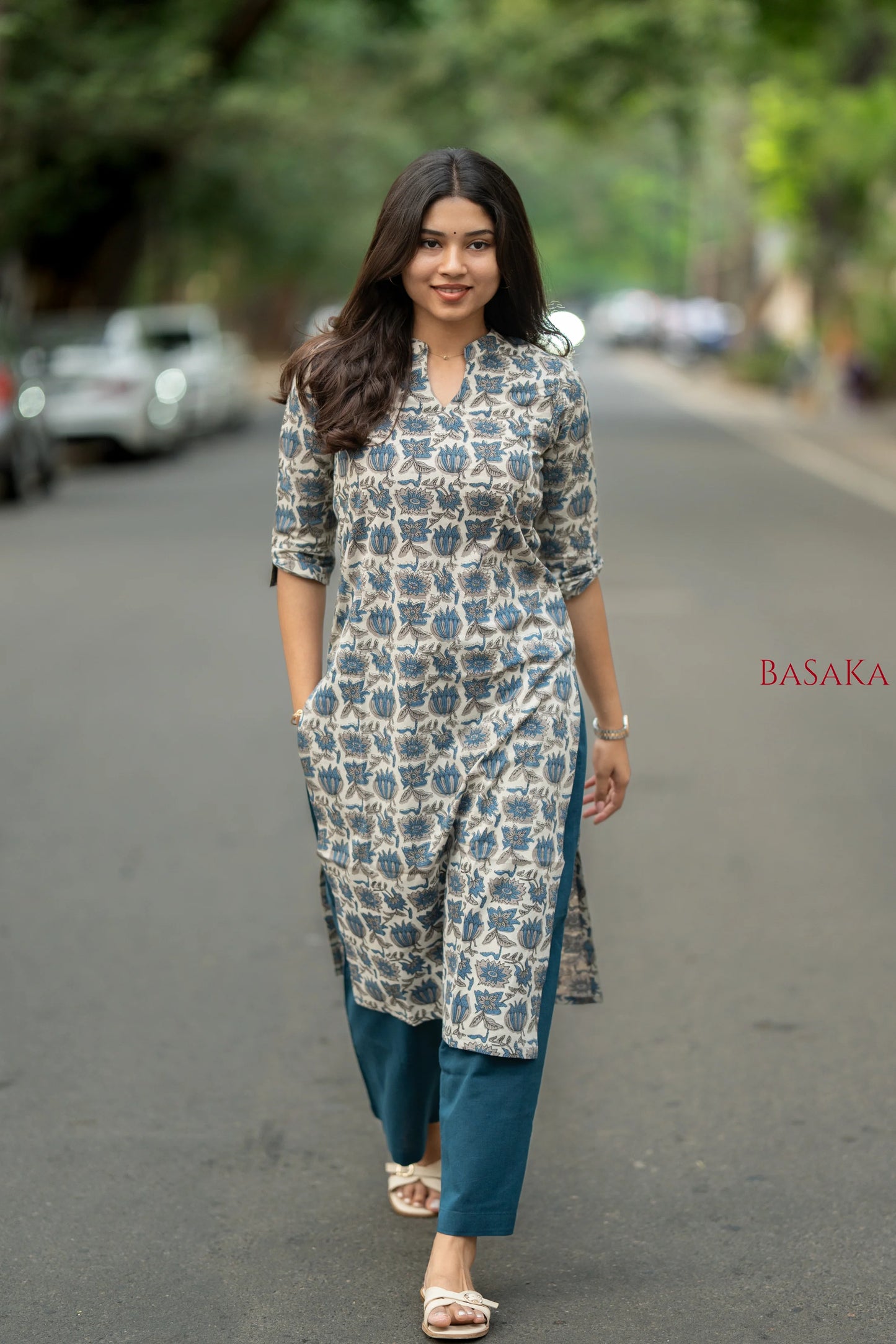 Indigo Blue Lotus Block Printed Cotton Kurta