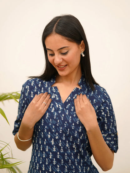 Indigo Motif Block Printed COTTON Collar Kurta