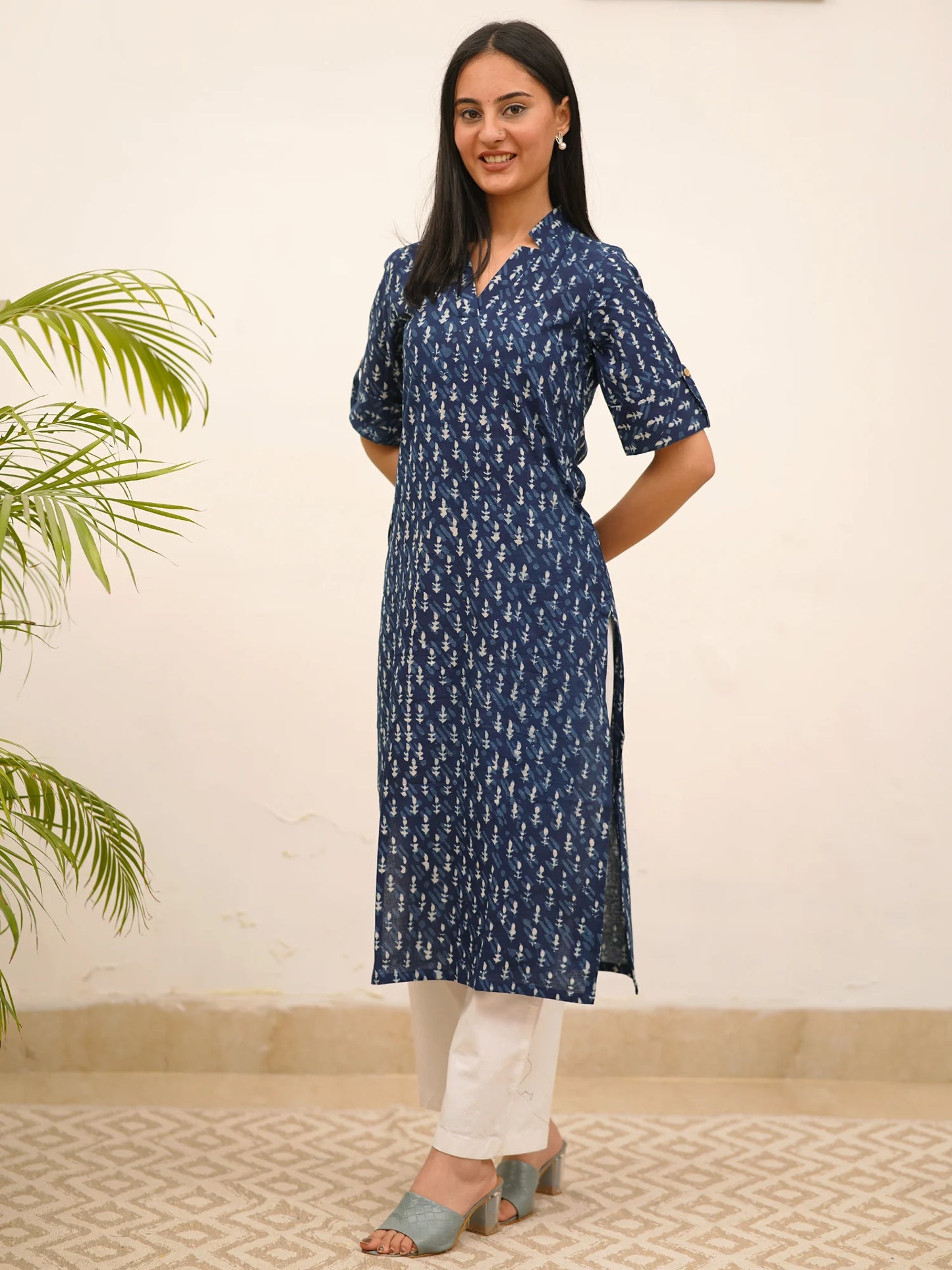 Indigo Motif Block Printed COTTON Collar Kurta